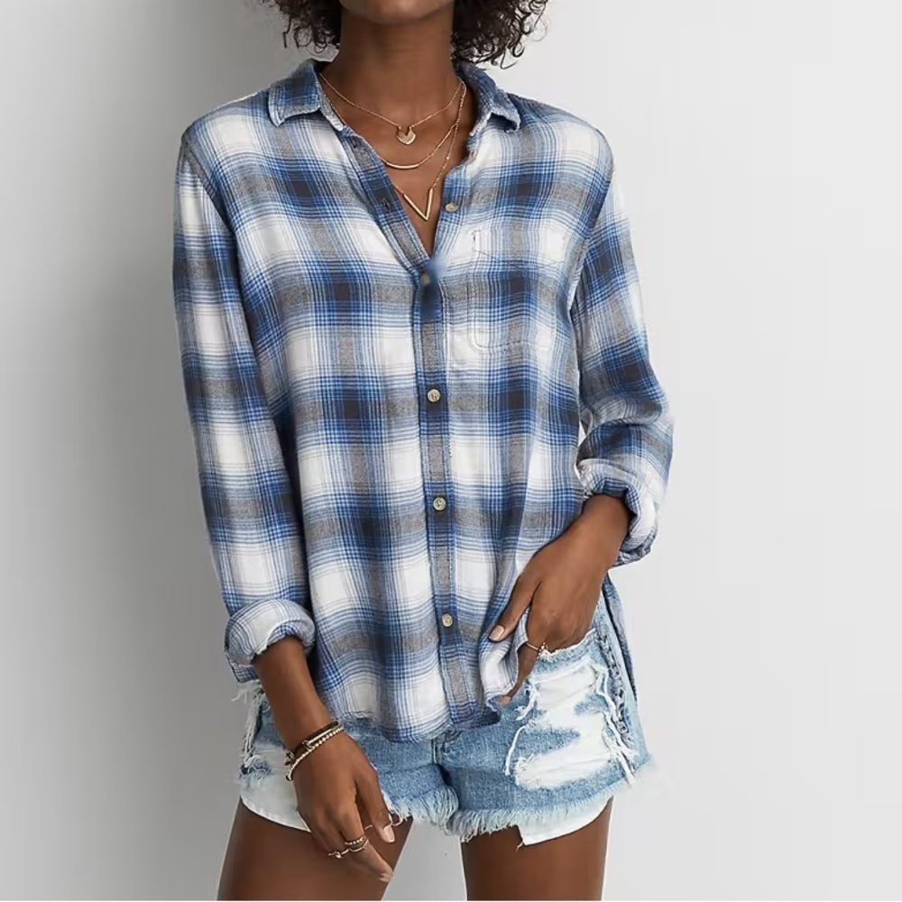 American Eagle Outfitters Ahh-mazingly Soft Boyfriend Fit Blue Plaid Flannel Top
